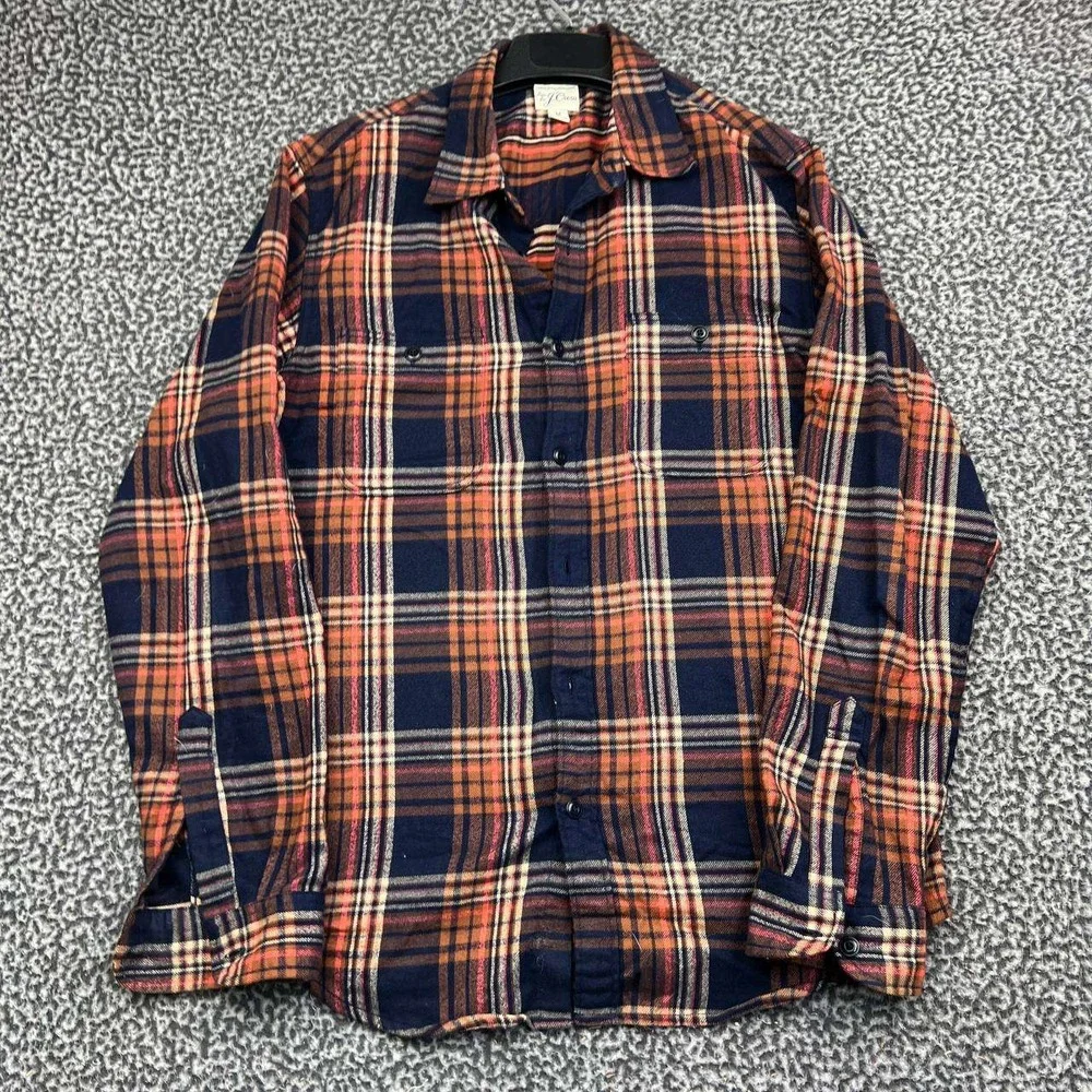 J. Crew Button Up Shirt Men Slim Fit Flannel Medium Orange Blue Plaid Cotton